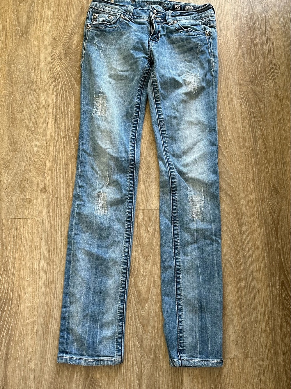 Vintage Miss Me Faded Blue Straight Leg Jeans with Light Distress